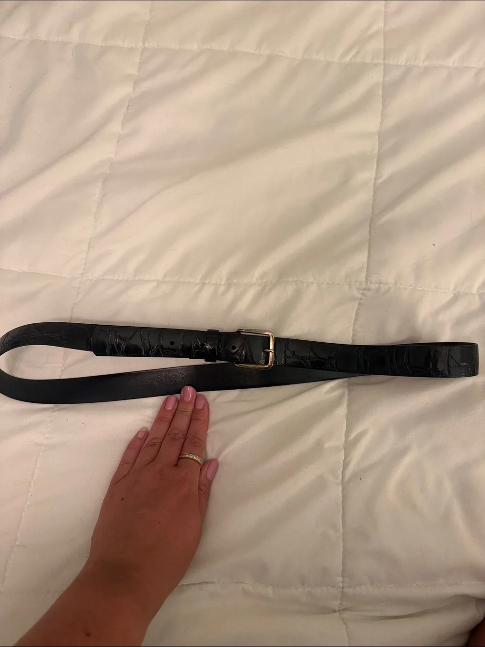 Women's Black Croc-Embossed Leather Belt with Gold Buckle